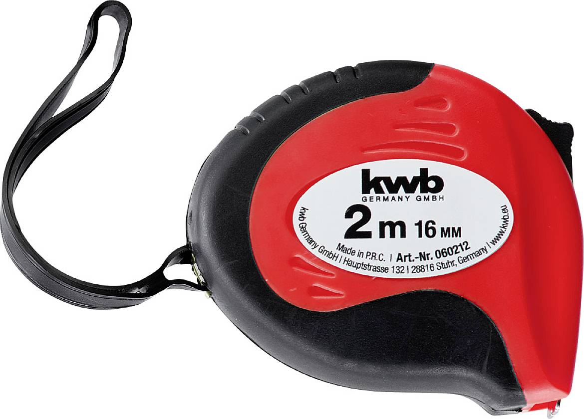 Black and red measuring tape with 'kwb' logo, 2 metres long and 16 mm wide, with hand loop, shown sideways.