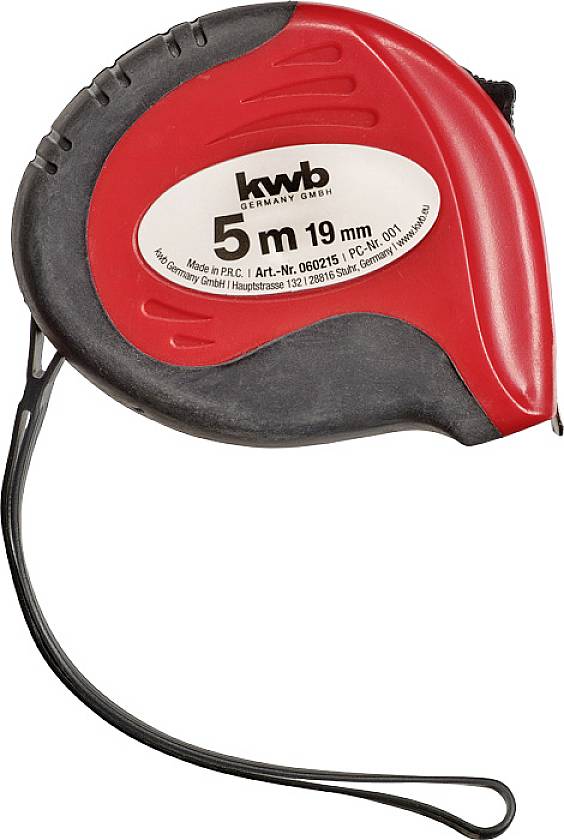 Red measuring tape with black handle, marked: 'kwb Germany GmbH, 5 m, 19 mm'. Wrist strap for easy transport.