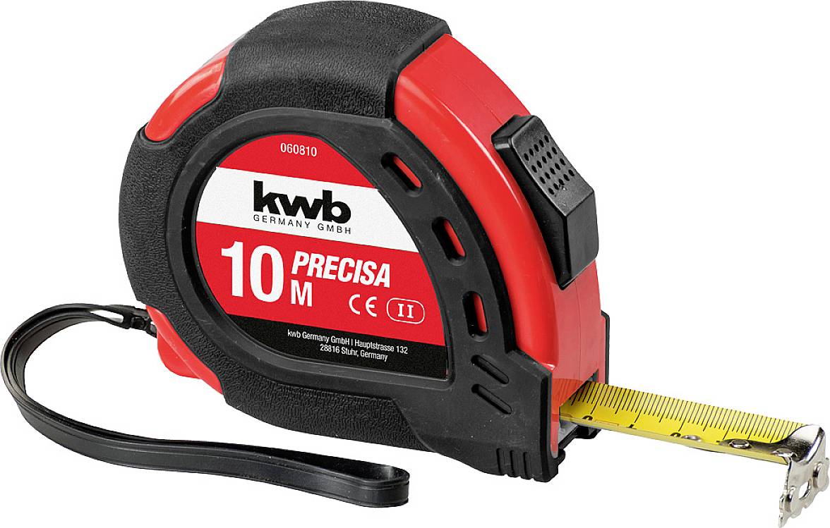 Red tape measure with black casing, 10 metres long, extendable yellow tape, 'PRECISA' marking, carrying loop.