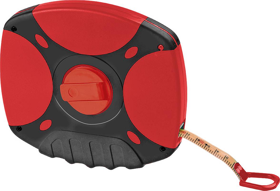 Red tape measure housing with a black handle. A tape measure is partially extended. Ideal for trade and construction work.