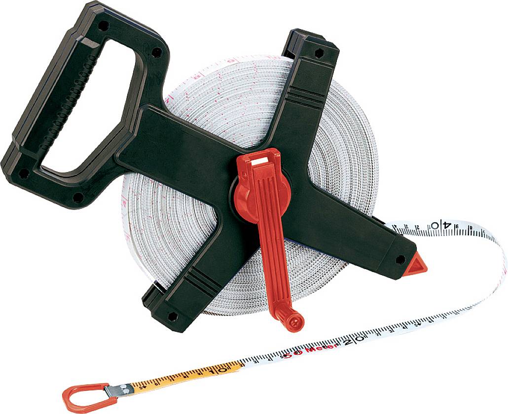 A black tape measure with a handle and red rotating grip, with the tape extended showing centimetre and metre measurements.