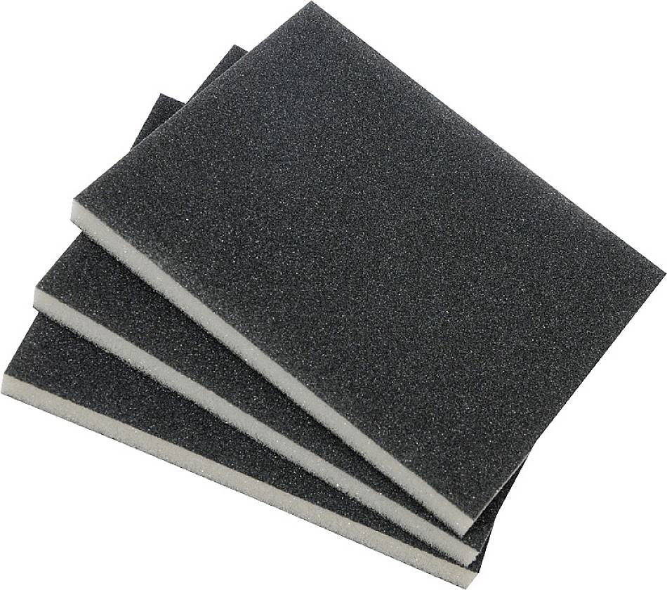 Three black scouring sponges are stacked against a white background.