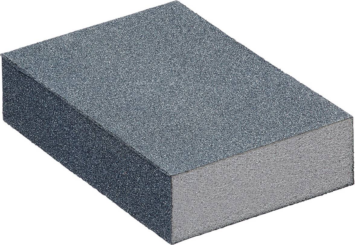 A rectangular sanding sponge made of grey foam with a coarse, sandpaper-like surface for sanding surfaces.
