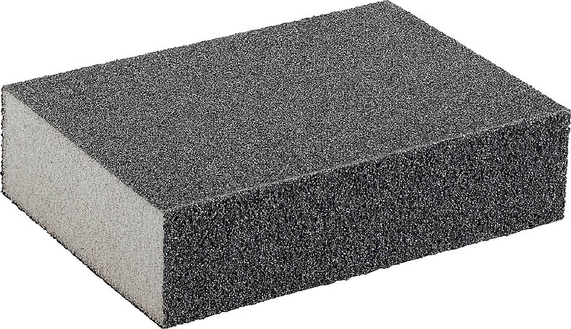 A rectangular sanding sponge with a black and white surface, used for smoothing and polishing various materials.