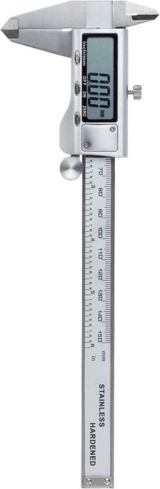 Digital vernier calliper made of stainless steel with display in millimetres and inches, used for precise length measurement.