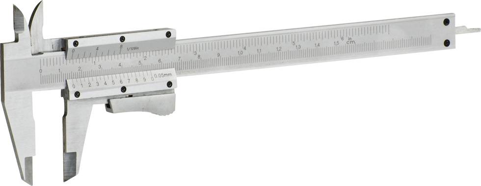 A silver vernier calliper with a scale for precise measurement of length and depth, shown in a close-up shot.