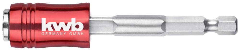 A red screwdriver bit with the inscription 'kwb GERMANY GMBH', suitable for drilling machines and cordless screwdrivers, shows a hexagonal drive.