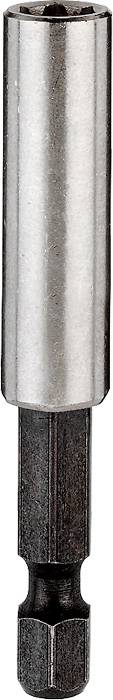 Silver bit adapter for screwdriver, hexagonal base, suitable for securing bits in power tools.