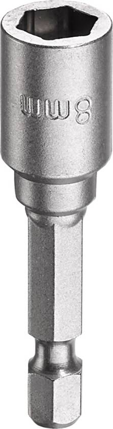Eight-millimetre metal bit socket close-up. Suitable for hexagonal screws. Product image.