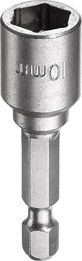 A metallic socket key attachment with '10 mm' inscription. Hexagonal shape for screws. Suitable for screwdriver or drill.