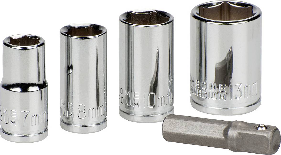 A set of five hex sockets, sizes ranging from 7 mm to 13 mm, including an adapter, lined up against a white background.