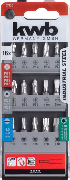 Pack of 16 screwdriver bits by kwb Germany GMBH. Contains various PH and PZ sizes, made from high-quality steel.