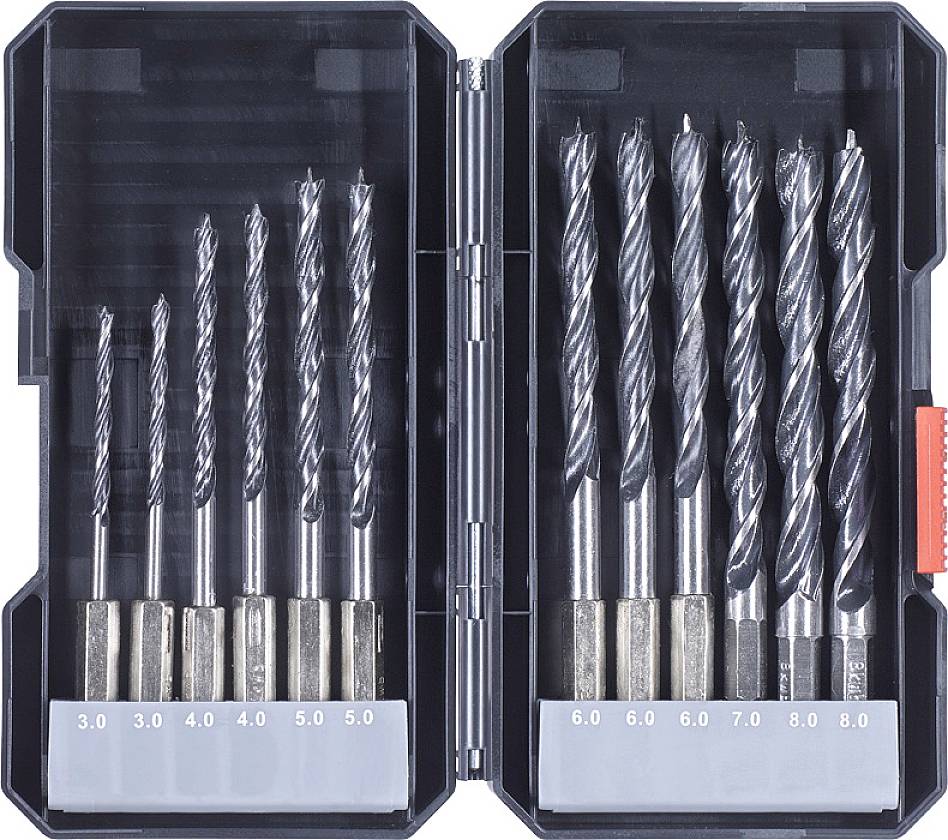 Set of metal drill bits in an open plastic case, arranged by size from 3.0 to 8.0 mm, with two rows visible.