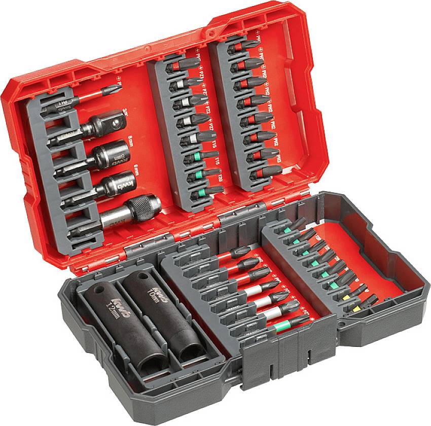 An open, red toolbox with various socket wrenches and bits. Suitable for different repair tasks.