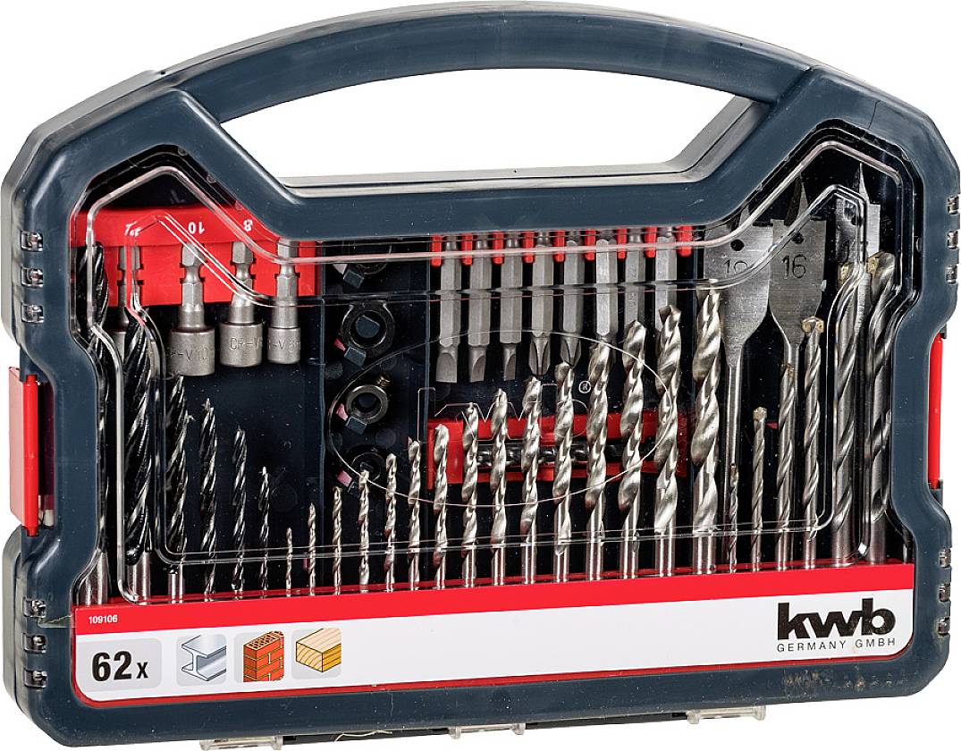 Drill and Bit Set in a Clear Plastic Box with Handle, 62 Pieces. Various Drill Sizes for Metal, Wood and Concrete.