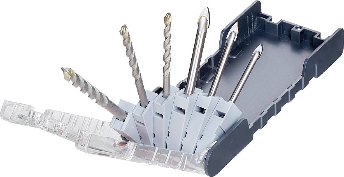 A set of five different drill bits in an opened plastic case, suitable for various materials.
