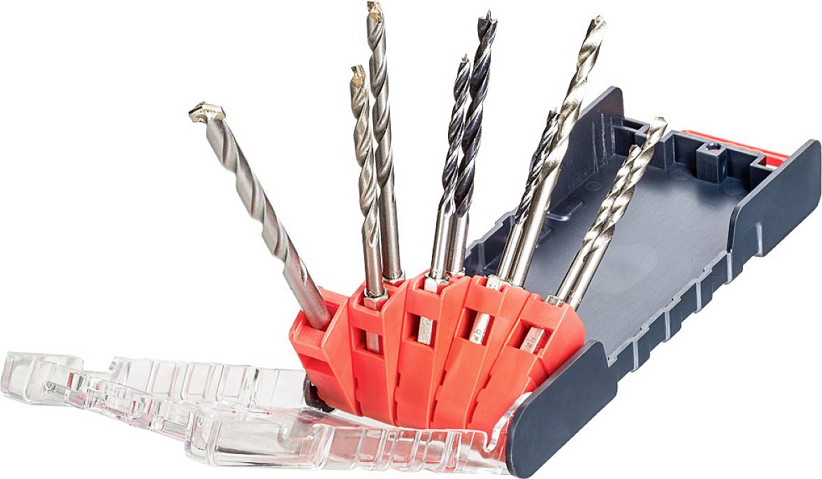 A set of six metal drill bits in an opened plastic holder, arranged by size.
