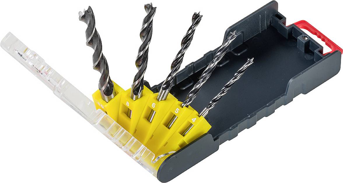 Drill set with five metal drill bits in an open black plastic case with yellow holders, numbered from A to E.
