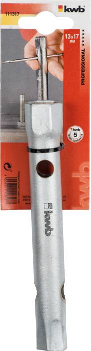 Drill Holder with Packaging by KWB, Product Photo. Metal Holder for Precise Drilling. Suitable for Drill Sizes 13-17 mm.