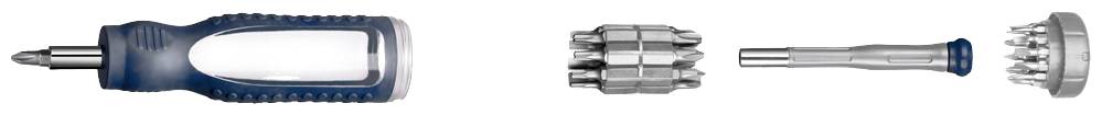 Screwdriver with various attachments: one handle and two interchangeable bits. Ideal for versatile screw-related tasks.