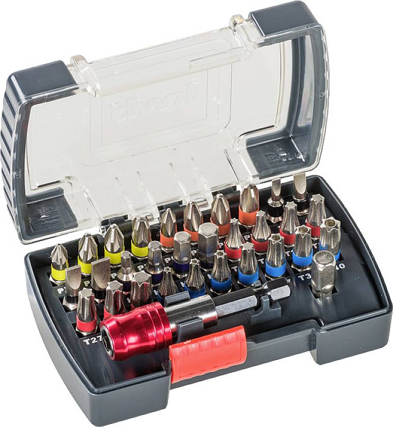 Set of screwdriver bits in different colours in a plastic box.