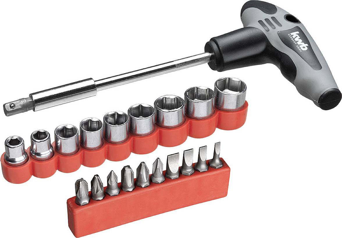 A T-handle screwdriver set with various sockets and bits, arranged on red holders. Ideal for driving screws.