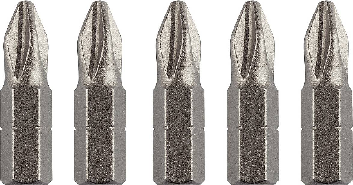 Five identical cross-head screwdriver bits lined up in a row.