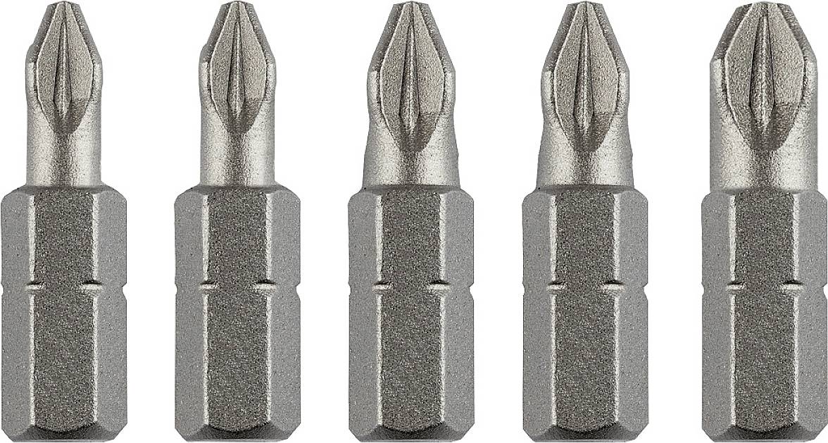 Five grey screwdriver bits in a row, all with identical cross-head design on a white background.