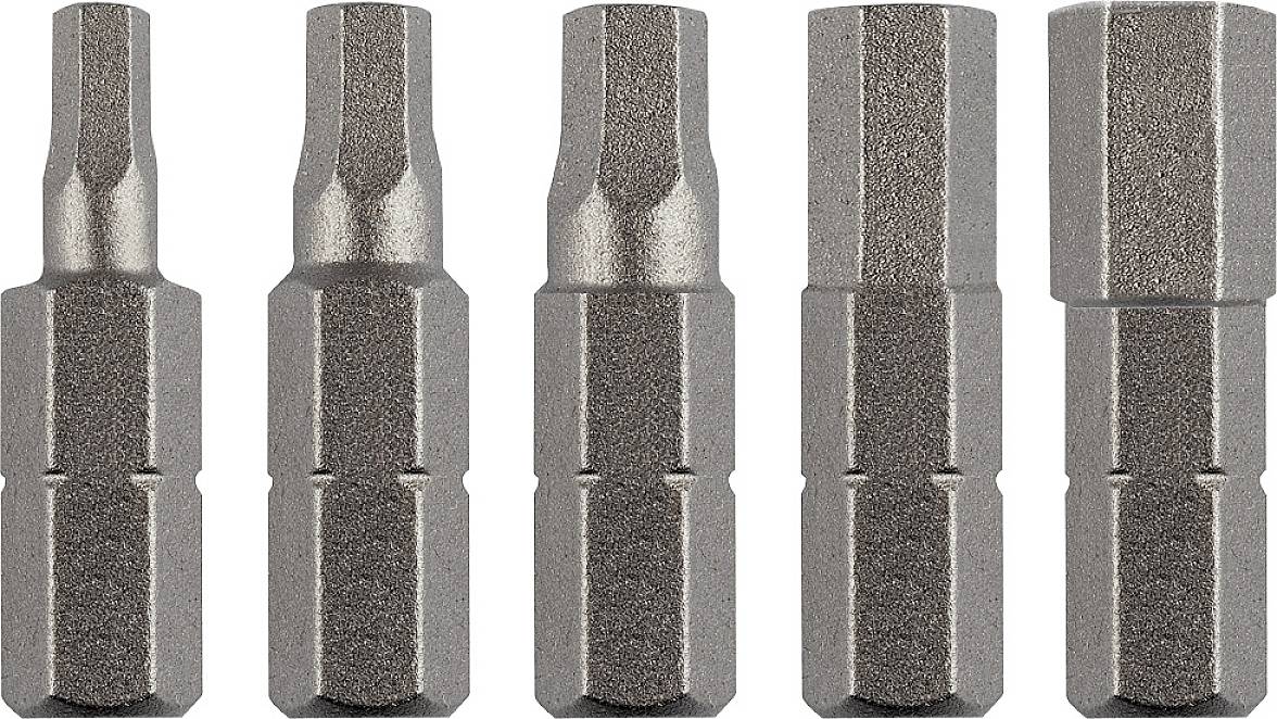 Five hexagonal metal bits in a row, suitable for screwdrivers, arranged from small to large.