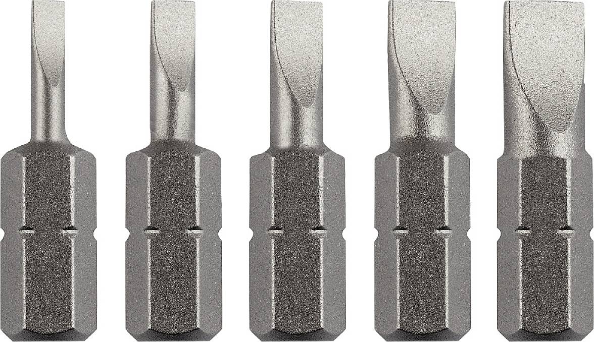 Five similar slotted screwdriver bits made of metallic material are lined up side by side against a neutral background.