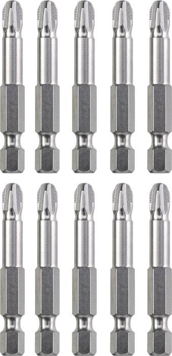 Ten metallic drill bits in two vertical rows. Each bit has a hexagonal base and looks identical.