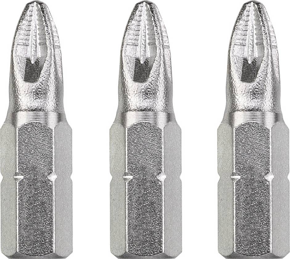 Three silver screwdriver bits with cross-shaped tips, arranged side by side. They have a metallic surface.