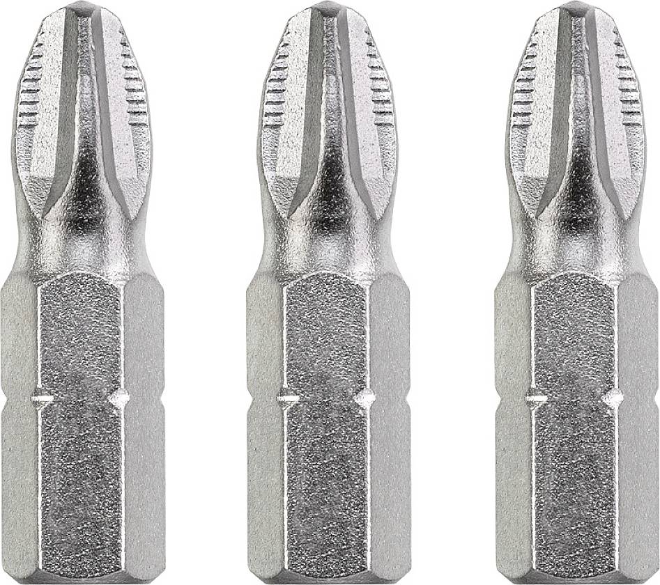 Three silver screwdriver bits, each with a cross-head, arranged side by side on a white background.