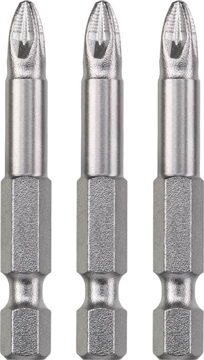 Three silver cross-head screwdriver bits lined up side by side.