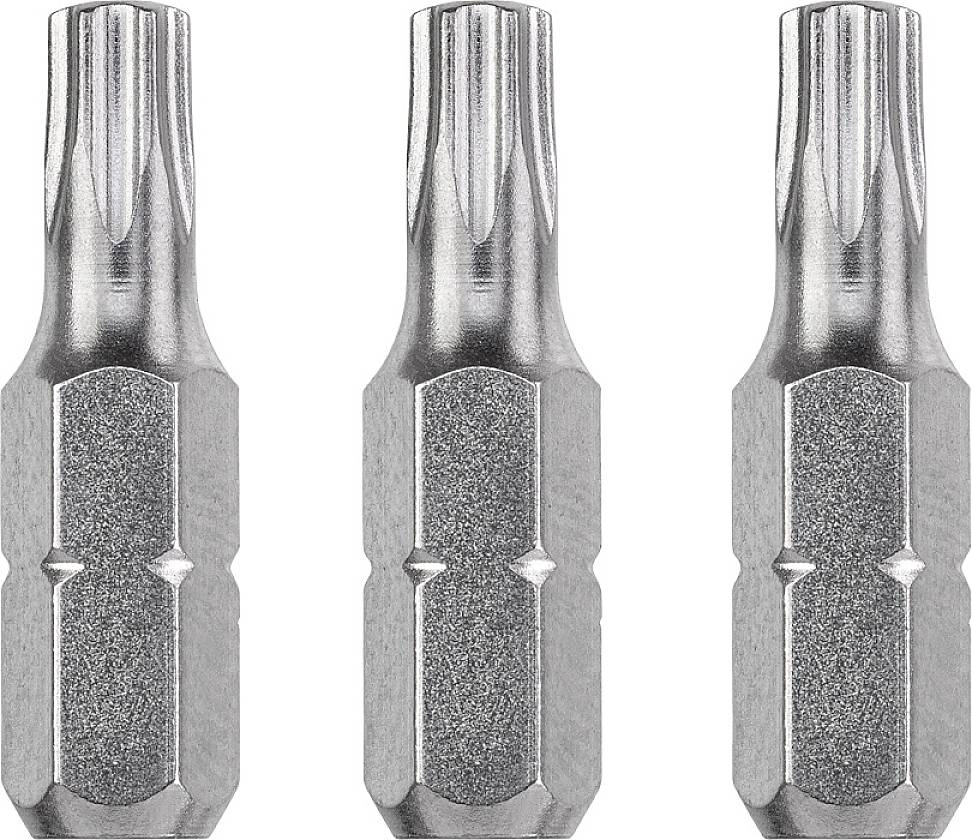 Three silver screwdriver bits, arranged side by side, each with a hexagonal handle and a star-shaped head.