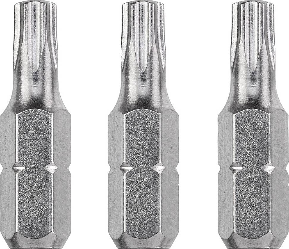 Three metal Torx screwdriver bits arranged side by side.
