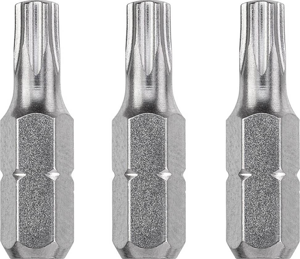 Three silver-coloured screwdriver bits with star-shaped tips in a row. Suitable for specialist screws.