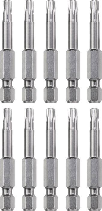 Ten silver screwdriver bits evenly arranged in two rows.