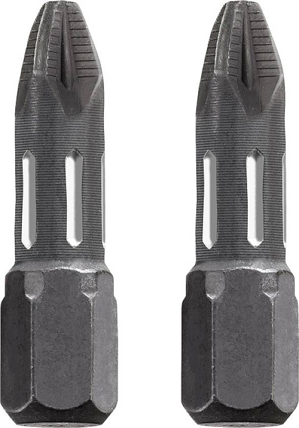 Two grey screwdriver bits with cross-head tips, positioned side by side. Ideal for use with electric screwdrivers.