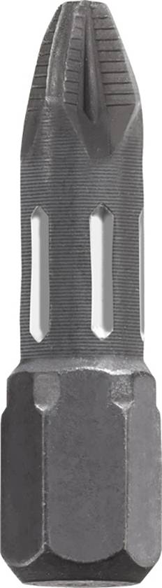 A cross-head bit made of metal, cylindrical, with a knurled head, suitable for screwdrivers and drills.