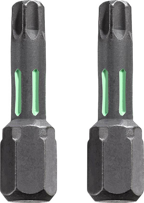 Two black metal drill bits with green markings, suitable for power drills, on a white background.