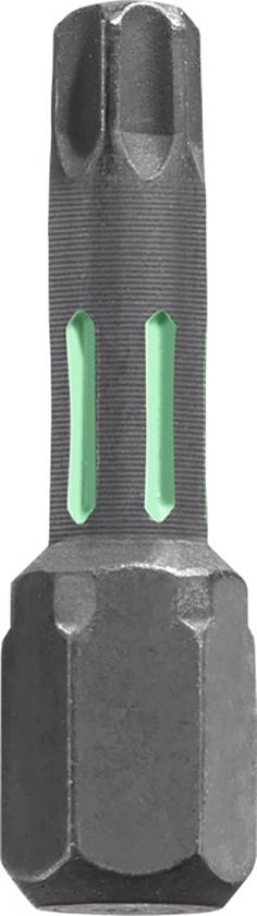 A black screwdriver bit with a green stripe, suitable for Torx screws.
