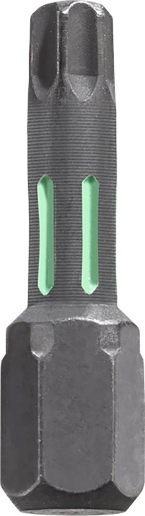 A metal bit screwdriver with green-marked grip details.