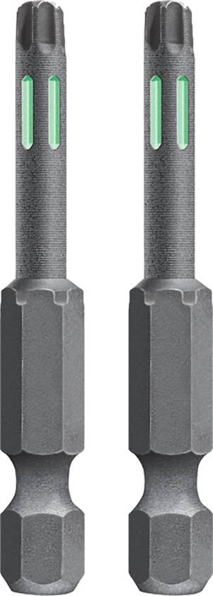 Two grey screwdriver bits with green markings at the top. Suitable for specialised screws with Torx profile.