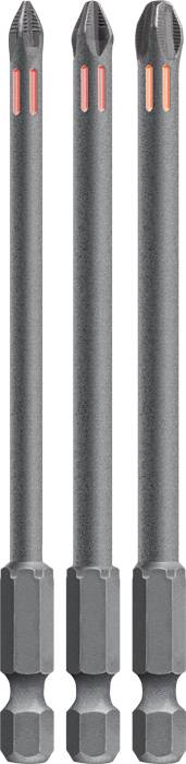 Three black screwdriver bits, each with a red marking stripe at the tip, arranged vertically side by side.