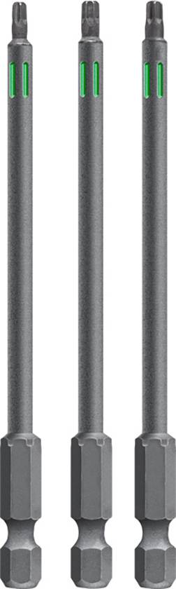 Three black screwdriver bits with a green accent, standing side by side.