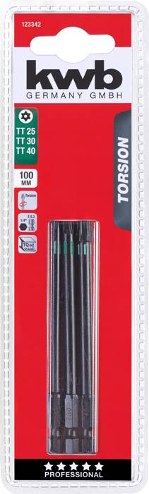 Blister pack containing a 6-piece Torx bit set by kwb. Sizes TT 25, TT 30, TT 40. Suitable for professional applications.