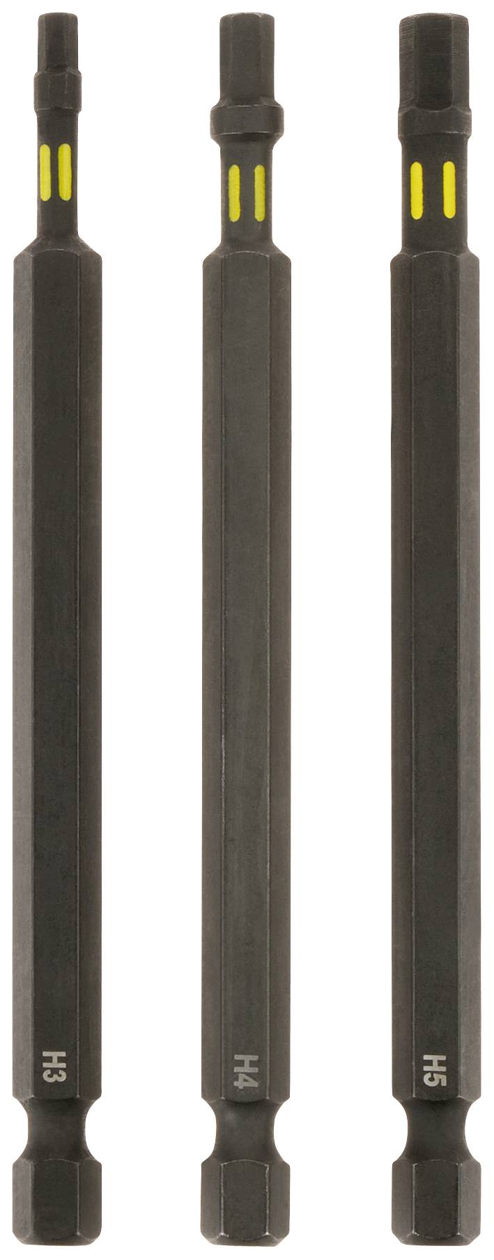 Three black hexagonal screwdriver bits in sizes H3, H4, and H5 placed side by side, with yellow markings.