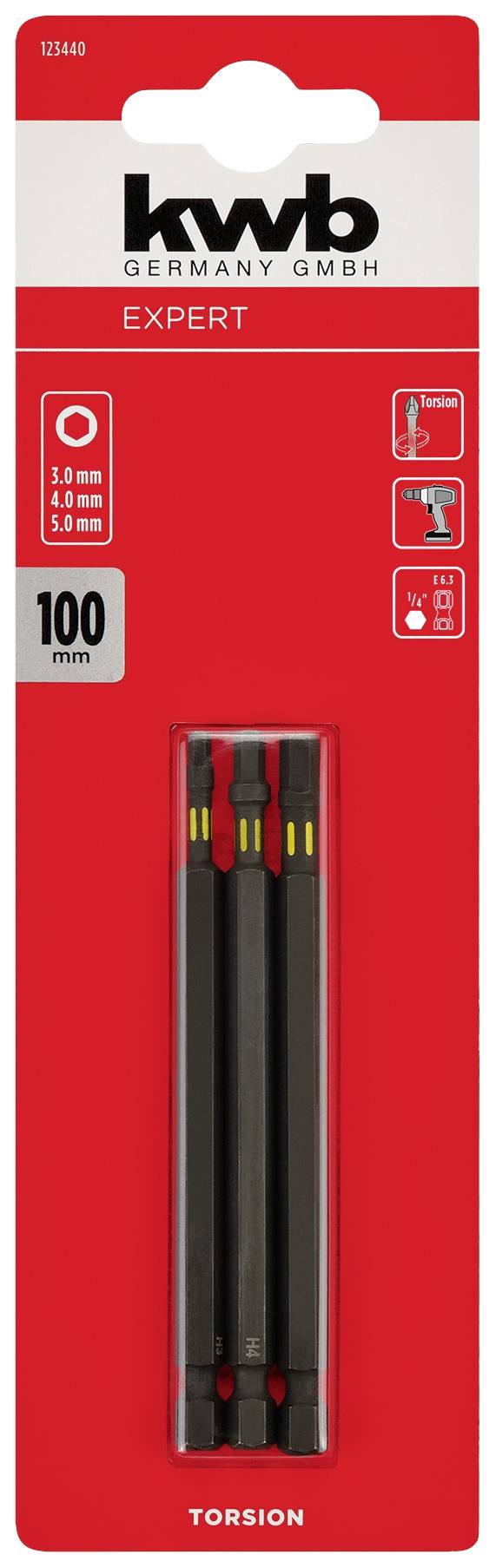Three 100 mm torsion bits by KWB for screws with size specifications 3.0 mm, 4.0 mm, 5.0 mm, packaged in a red blister pack.