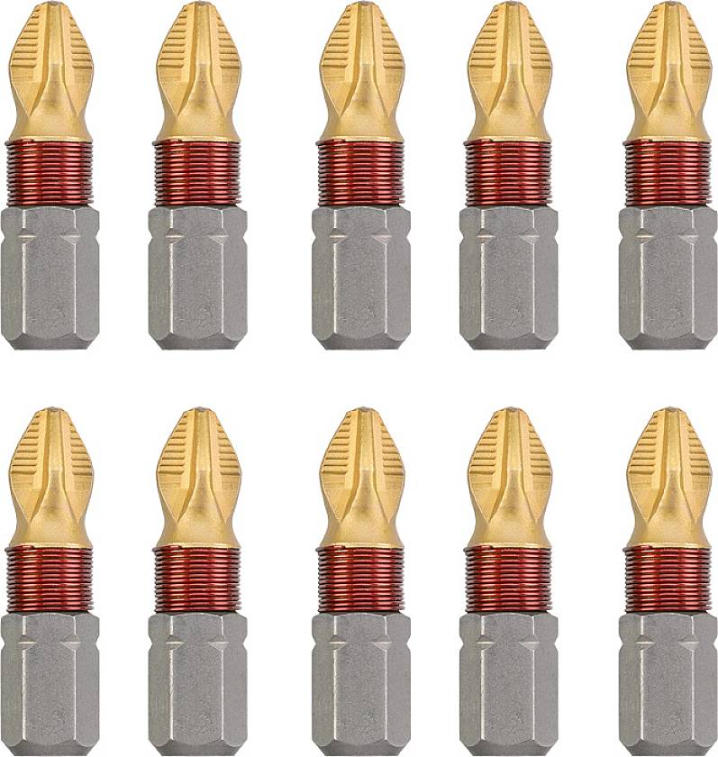 Ten golden screwdriver bits with red and grey base design, symmetrically arranged in two rows.